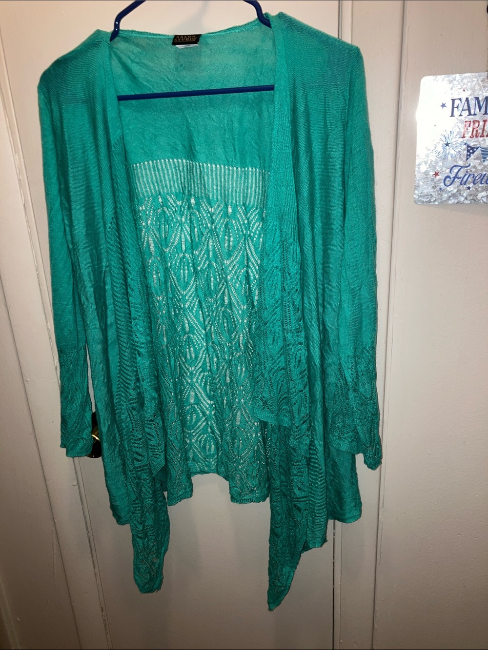 Salon Studio Acrylic Open-Front Teal Knit Women's Cardigan Lace Back Large